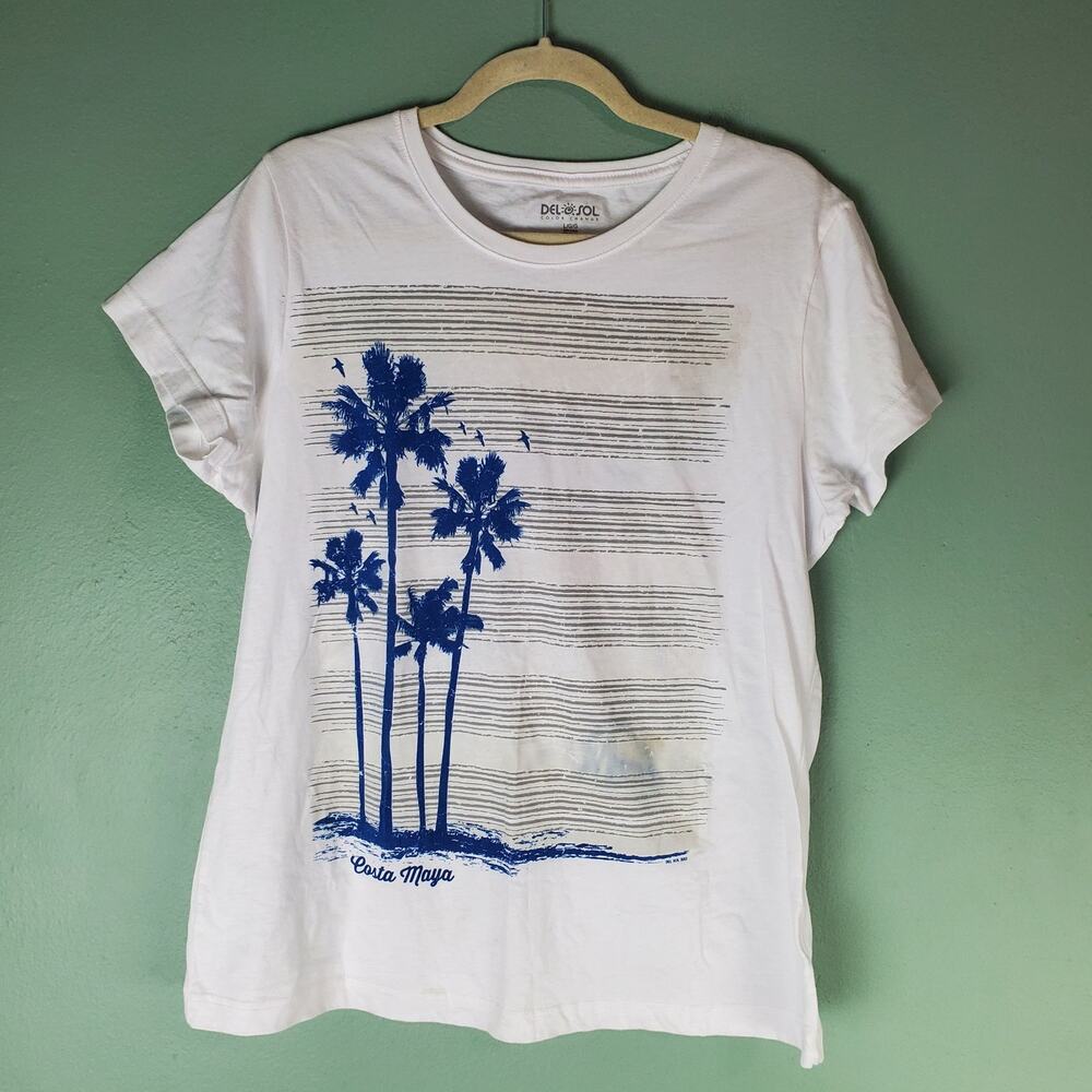Del Sol Color Change White Crew Neck Palm Tree Short Sleeve Tee Size Large